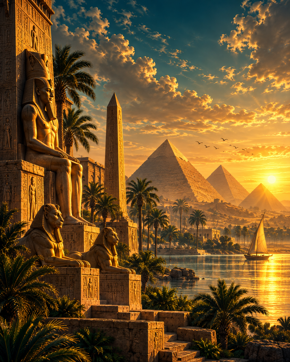 Egyptiskt tempel i solnedgång